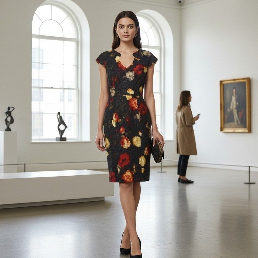 Black Halo Floral Sheath Dress Sz 6 Cap Sleeve V-Neck Black Red Yellow $370